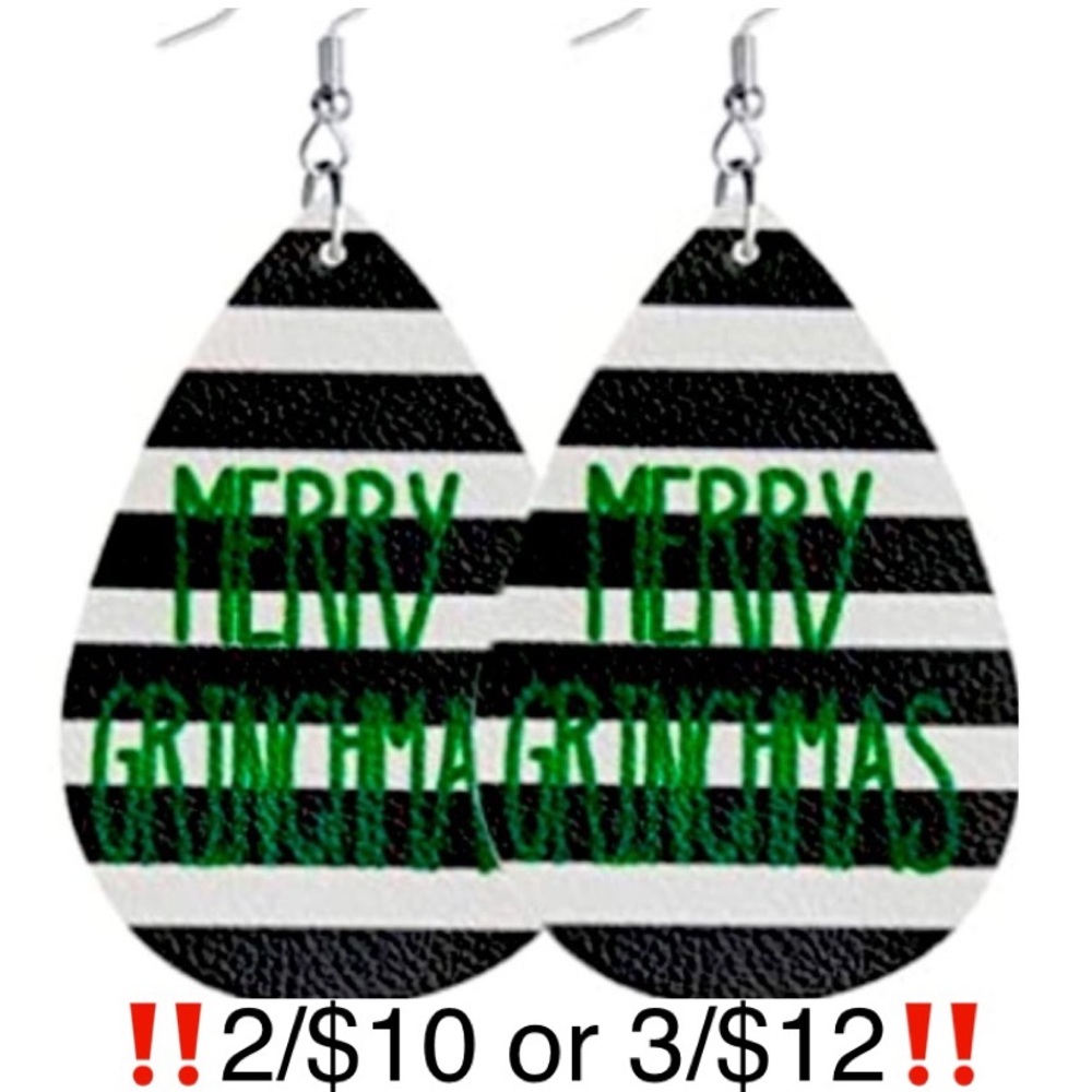 Merry Grinchmas Earrings Faux Leather Black White Striped Grinch Earrings Green